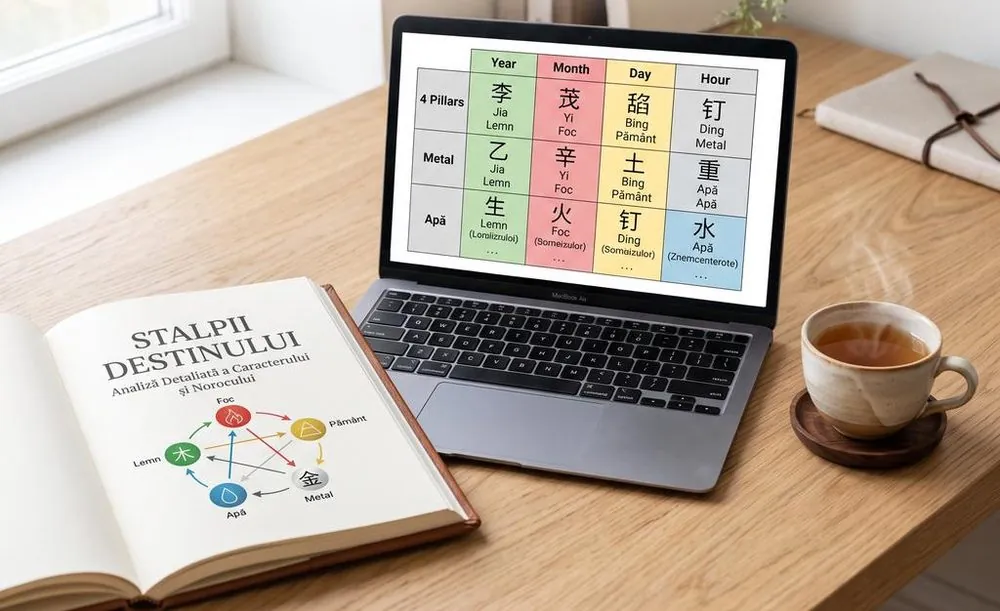 <span data-ro>Harta ta BaZi pe laptop, lângă cartea Stâlpii Destinului</span><span data-en>Your BaZi chart on a laptop, next to the book The Pillars of Destiny</span>